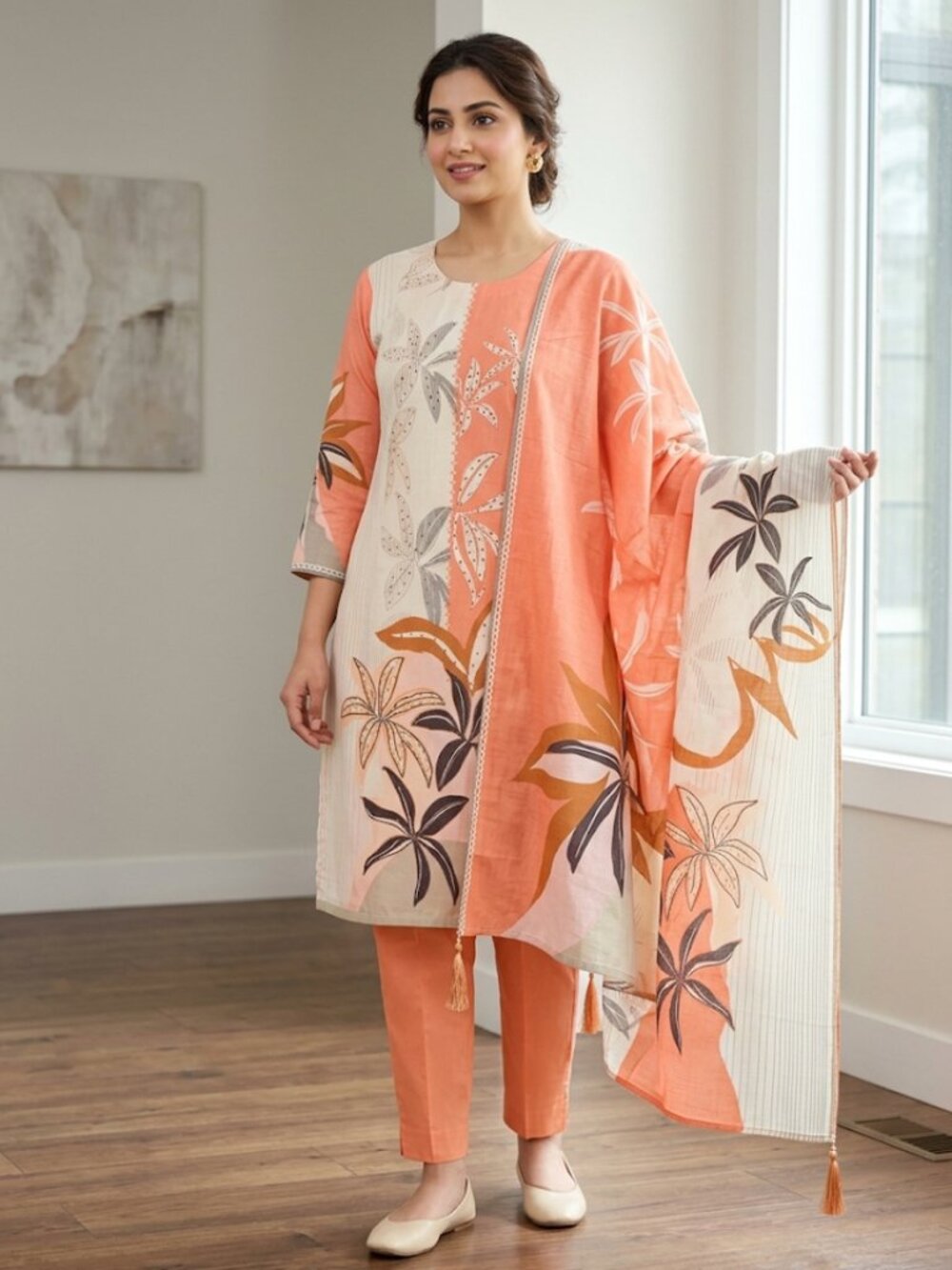 Women's 3-Piece Floral Printed Kurta Set | Peach Ethnic Suit with Trousers & Dup